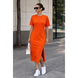 Elisabetta Franchi Orange Rhinestone Logo T-Shirt Dress Size XL Midi